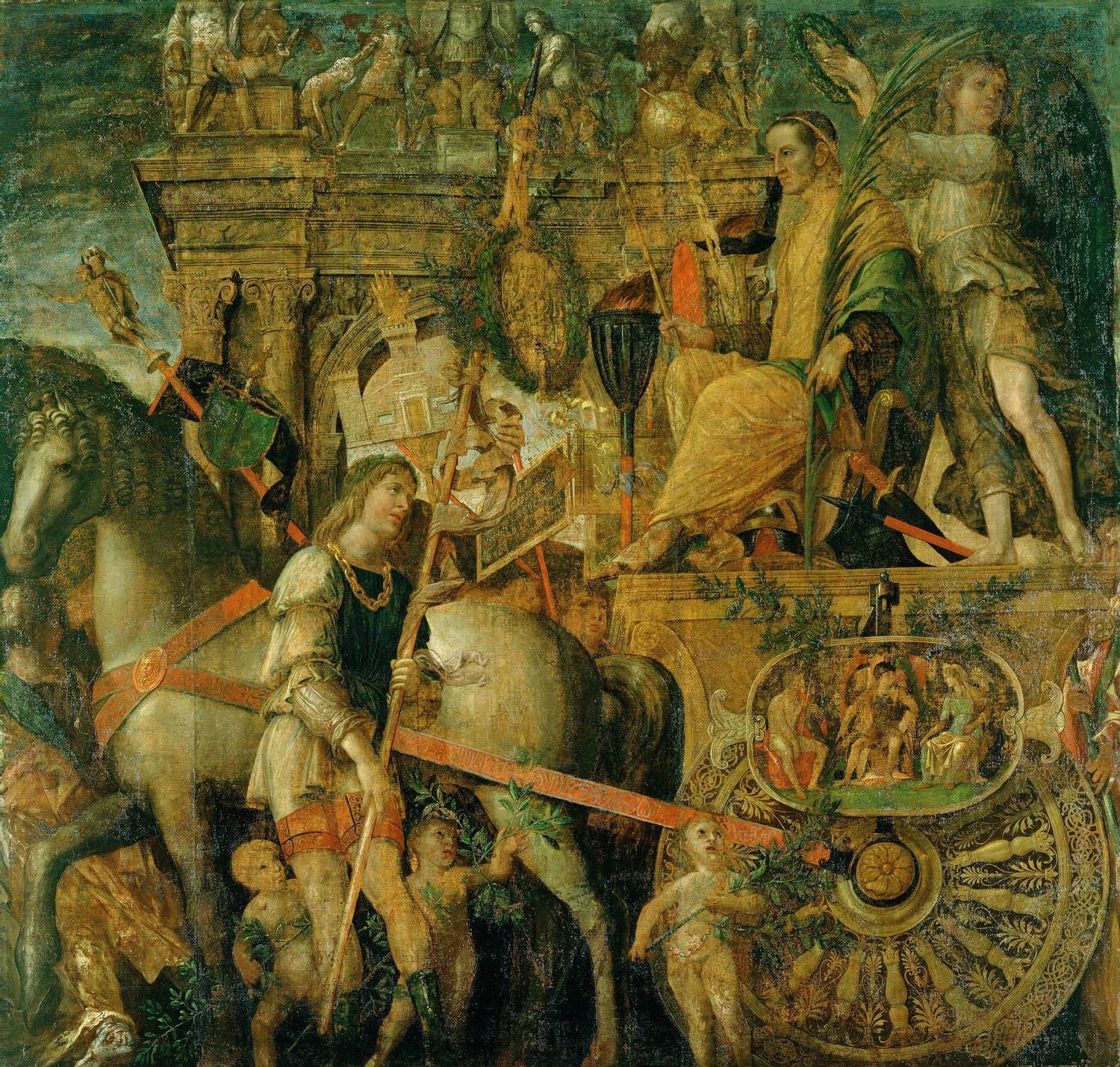 Painting. A detailed painting depicting a regal figure on a chariot drawn by horses, surrounded by cherubs and attendants in a classical setting with ornate decorations and an arch in the background.