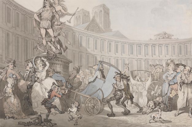 Watercolour. A lively scene is depicted in a bustling public space lined by a building with a curved facade. About ten well-dressed men and women mingle around a statue on a plinth, which has captured some of their attentions. Three male workers move a cart carrying another well-dressed man who leans out to face the sculpture, hands outstretched. In the foreground, a child plays a violin or fiddle as a little white dog appears to dance on its hind legs.
