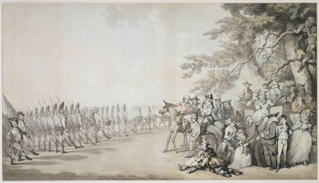 Watercolour. About thirty-five pale-skinned men, women, and children gather around a viewing box to our right as several lines of uniformed troops march by to our left. Some of the group to our right look at the troops but many attend to the wigged, flush-cheeked women.