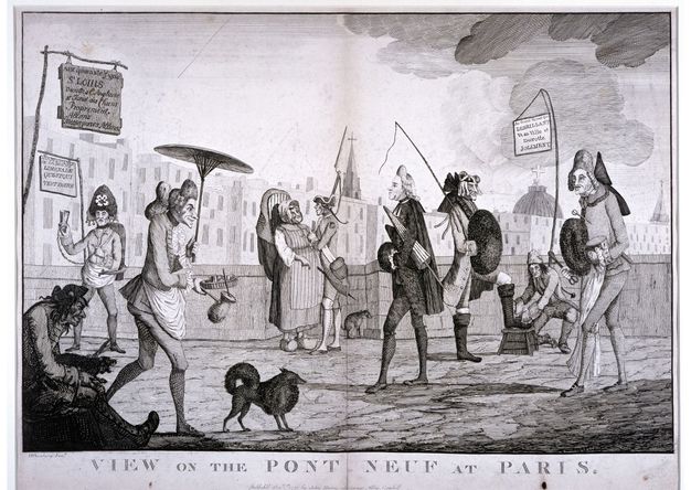 Print. Men and women gather around a brick-faced, arched gateway. At the centre of the composition, a man wearing an apron struggles under the weight of a side of beef. A fat friar smiles as he touches the roast. Two gaunt men wearing tattered clothing and eating soup gape at the butcher.