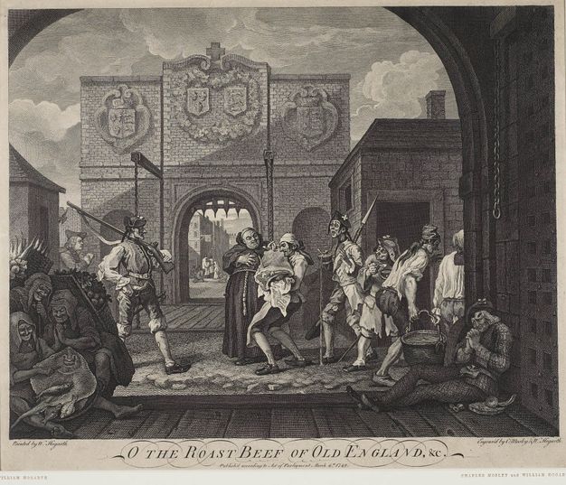 Print. Men and women gather or move through a building-lined town square. At the centre, a bow tying a man’s wig is larger than his head. His long coat is ornamented down the front, and a tire-like fur muff hangs from his wrist. A dog defecates on the pavement just behind his feet.