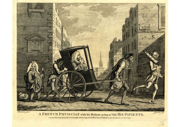 Print. A man with a chubby face and double chin has his hair or wig sprayed by a grinning thin man wearing a suit. The man receiving treatment has his eyes screwed shut, hands braced against the arms of his chair, and his clothing is covered by a white sheet.