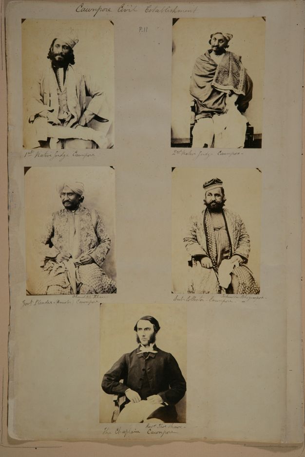 Page of a book. Each of five black and white studio portraits shows a man from about the knees up. Their bodies face us as they look off to our left. The top four have dark hair and beards, and wear caps or turbans. The fifth man has dark hair and bushy mutton chops, and he wears a suit.