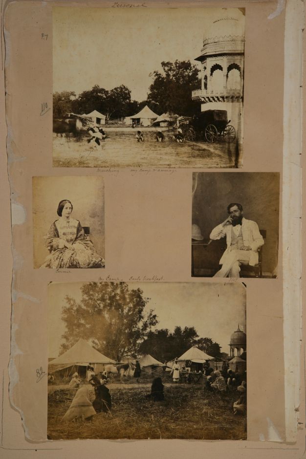 Page of a book. Of four black and white photographs, the top and bottom show people gathered around tents. At the centre are two studio portraits, one of a woman and one of a man.