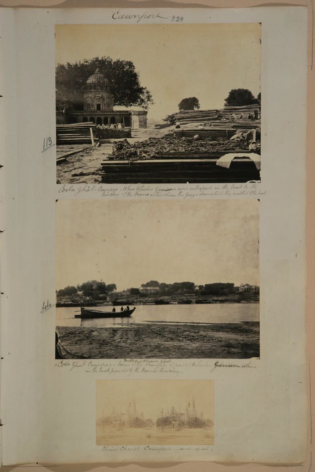 Album page. Handwritten notes are added under three black and white photographs. Each shows a different view of a riverside.