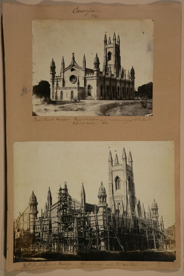Page of a book. Two black and white photographs of a church with a tower. The bottom image shows the church surrounded by scaffolding.
